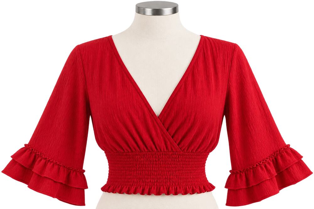 Altar'd State Red Smocked Wrap Crop Top Ruffle Bell Sleeve - Size M - Boho